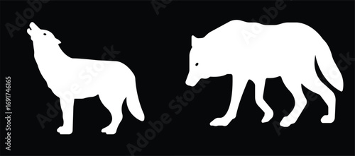 Art & IllustrationWolf icon set.Wolf silhouette icon set. Howling predator sign. Wild canine animal symbol. Vector illustration.A sleek of wolf standing, captured against a clean.Wolf standing, in bla