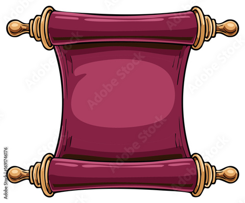 Blank vintage magenta scroll with golden handles for text announcement document parchment paper