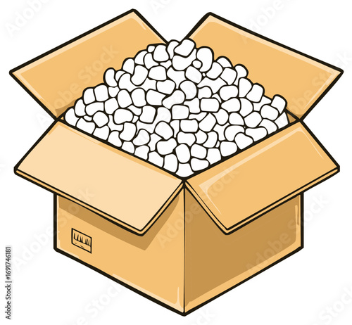 Cartoon illustration of an open shipping box filled with white foam packing peanuts