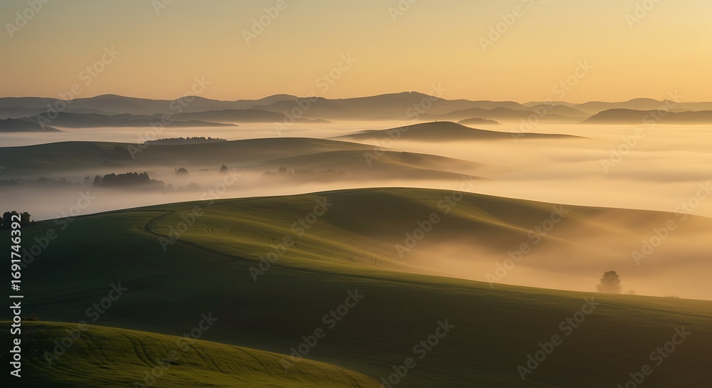 Obraz premium Rolling Hills and Mist A Serene Landscape at Sunrise with Golden Light and Misty Vales