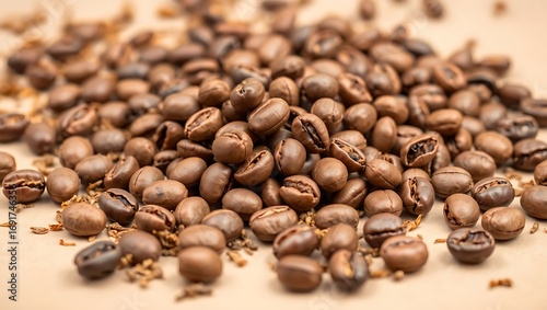Macro shot of unroasted Kopi Luwak beans freshly separated from dried civet droppings, earthy tones, studio lighting, isolated on neutral background