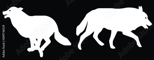 Art & IllustrationWolf icon set.Wolf silhouette icon set. Howling predator sign. Wild canine animal symbol. Vector illustration.A sleek of wolf standing, captured against a clean.Wolf standing, in bla