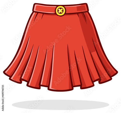 Cartoon red pleated skirt with a yellow button belt detail