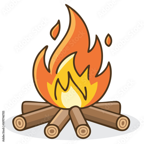 Cartoon campfire with bright flames and wooden logs for an outdoor adventure
