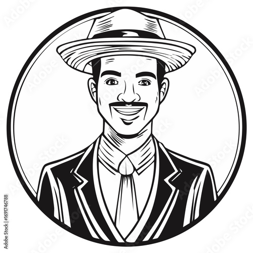 Smiling Man in Suit and Fedora Hat with Mustache in Circle