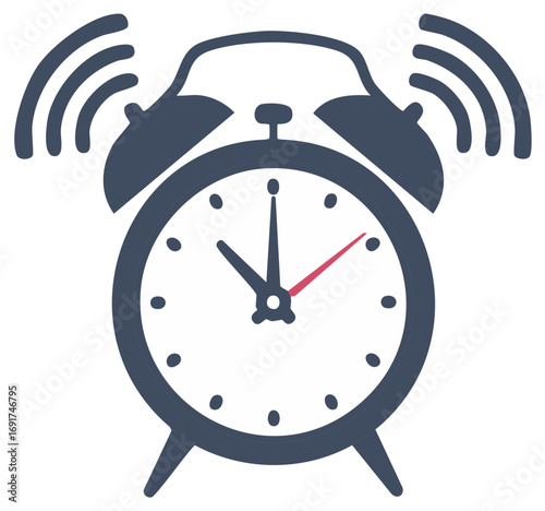 Stylized alarm clock icon ringing loudly with sound waves representing morning wake up call