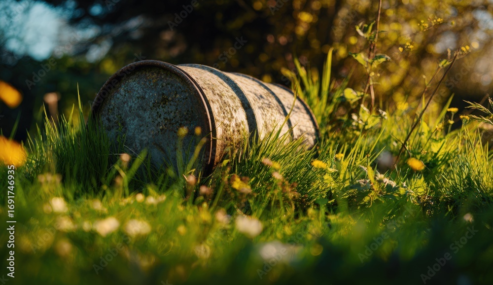 Fototapeta premium Rusty barrel nestled in grassy field