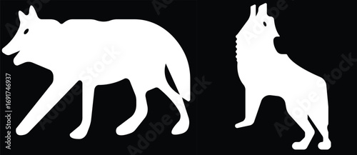 Art & IllustrationWolf icon set.Wolf silhouette icon set. Howling predator sign. Wild canine animal symbol. Vector illustration.A sleek of wolf standing, captured against a clean.Wolf standing, in bla
