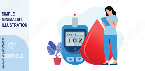 Diabetes Control Illustration with Glucometer, Blood Drop and Woman Checking Report