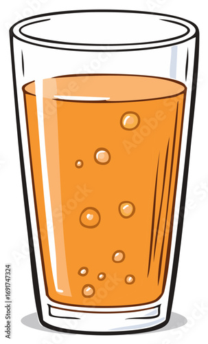 Cartoon vector illustration of a refreshing glass of orange bubbly drink with effervescence