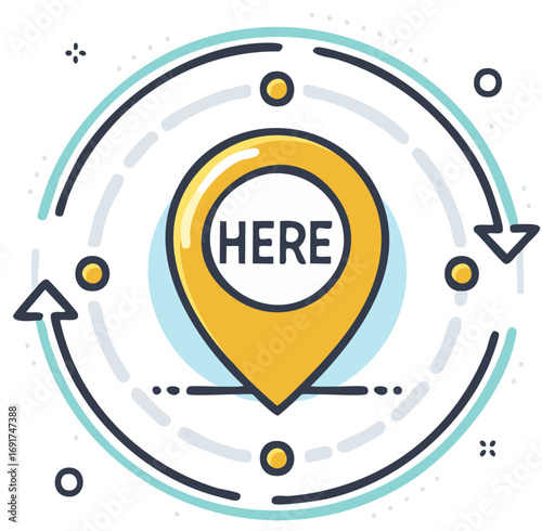 Location marker with circular path and arrows, symbolizing journey, navigation, and pinpoint accuracy.