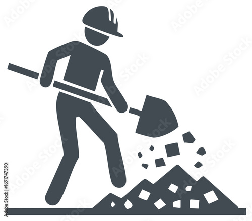Pictogram of Construction Worker Shoveling Dirt Wearing Hard Hat Showing Labor and Engineering Task