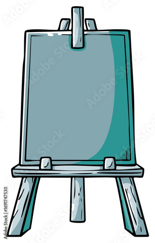 Cartoon illustration of a wooden artist's easel with a blank canvas