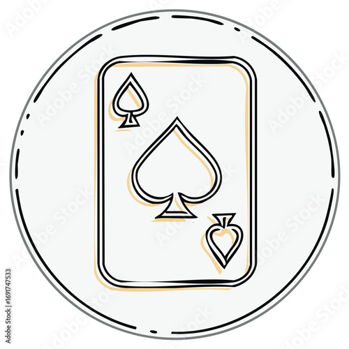 Hand drawn Ace of Spades playing card emblem within a circular frame