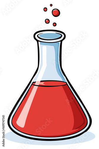 Cartoon illustration of a science chemistry flask with a bubbling red liquid