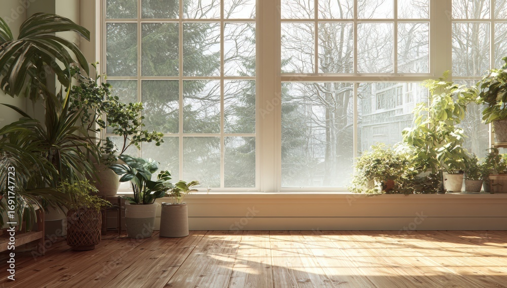 Fototapeta premium Sunlight streams through a large window, illuminating a room filled with plants