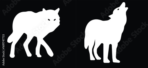 Art & IllustrationWolf icon set.Wolf silhouette icon set. Howling predator sign. Wild canine animal symbol. Vector illustration.A sleek of wolf standing, captured against a clean.Wolf standing, in bla