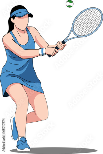 Vector illustration of female tennis player in blue dress hitting backhand shot with racket and tennis ball isolated on white background