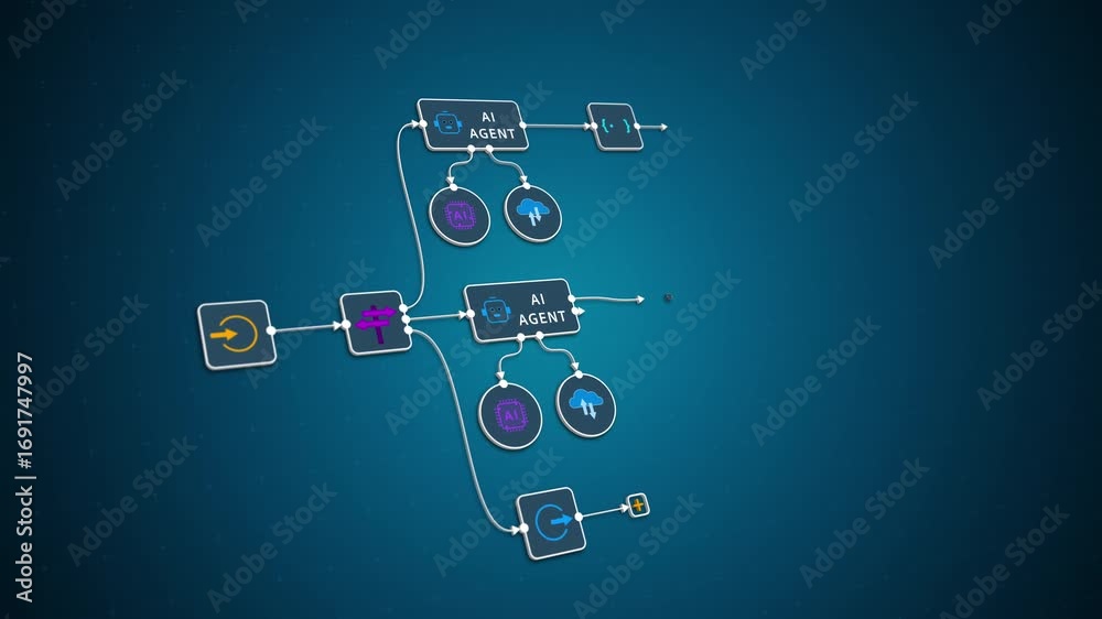 AI automation workflow diagram with agents and process flow on blue ...
