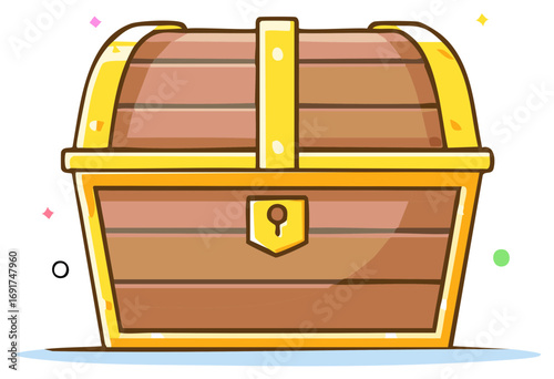 Cartoon wooden treasure chest with golden accents and lock illustration