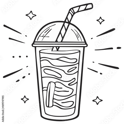 Hand-drawn beverage with straw and lid icon isolated on white background