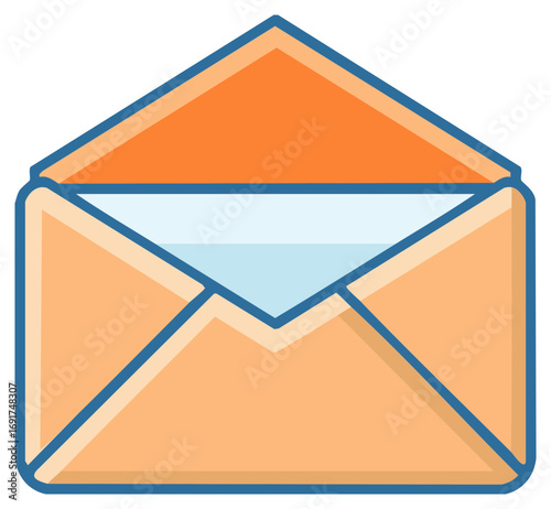 Orange postal envelope with light blue paper peeking out, vector graphic illustration