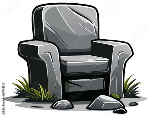 Cartoon illustration of a throne or armchair carved from solid rock with grass