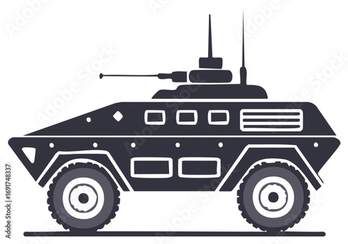 Military armored personnel carrier vector illustration. Army combat vehicle with turret and weapon for security concepts