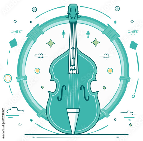 Teal Upright Bass Musical Instrument Flat Design Vector Illustration