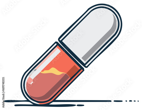 A single liquid filled medical capsule with a white top, tilted on its side with a line graphic.
