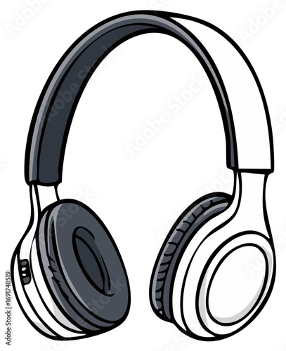 Stylized illustration of modern over ear headphones with black and white design