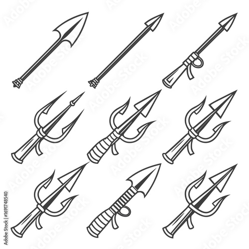 Collection of spears and tridents on white background Keywords: spear, trident, weapon, tool, pointed