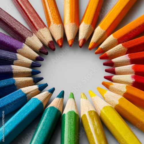 Circular Arrangement of Colorful Pencils on White Background