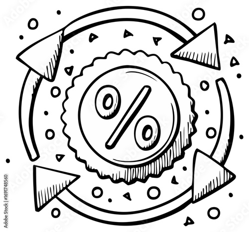 Hand drawn cashback percentage symbol with rotating arrows doodle