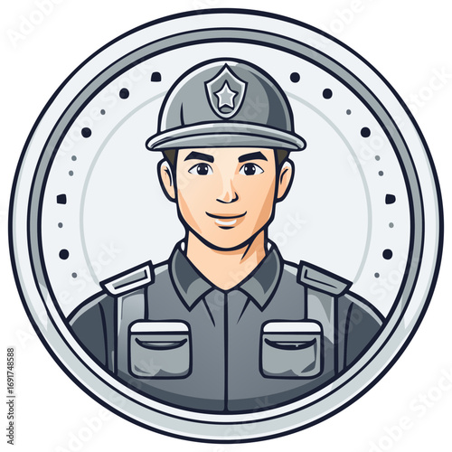 Portrait of a police officer wearing helmet and uniform in a circle frame