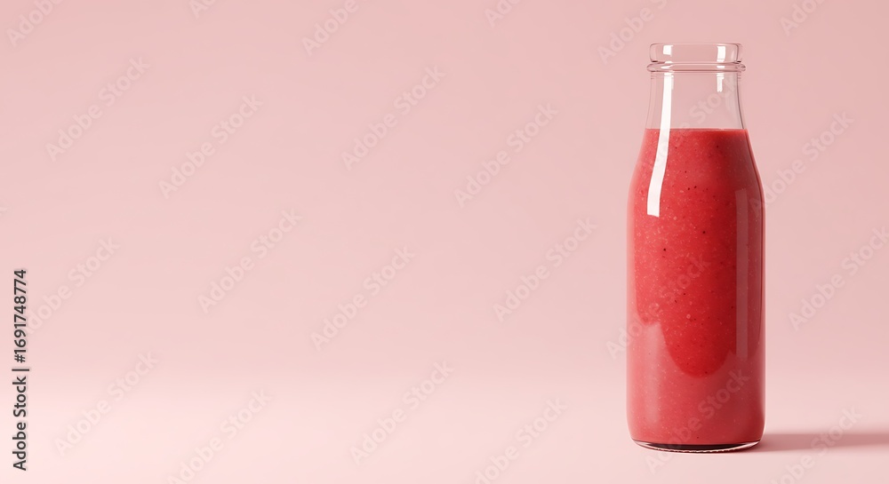 Obraz premium Refreshing and Nutritious Red Fruit Smoothie in a Transparent Glass Bottle, Elegantly Presented on a Soft Pink Background with Ample Copy Space for Wellness or Lifestyle Designs