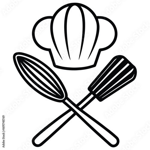 Black and White Chef Hat with Crossed Whisk and Spatula toque blanche chef cap