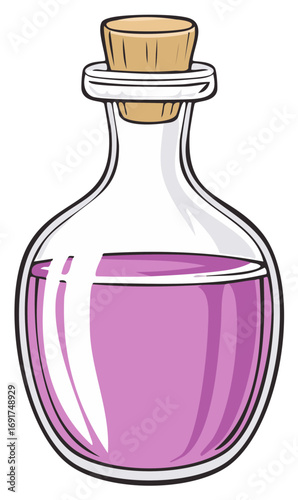 Cartoon potion bottle with pink liquid and a cork stopper. Fantasy elixir for magical remedies