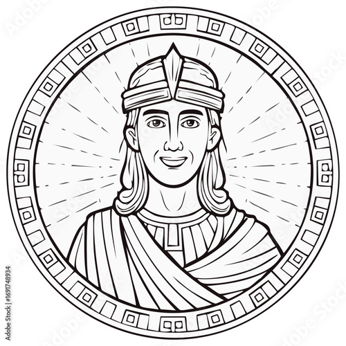 Monochrome illustration of ancient leader in a coin style with a geometric border and radiating light