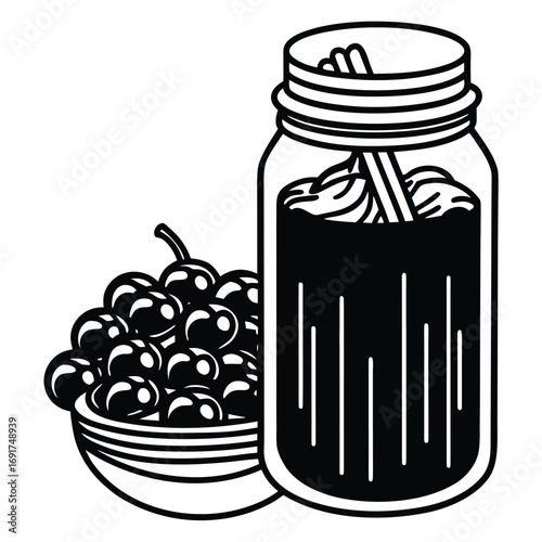 Black and white illustration of a mason jar with drink and bowl of berries fruit