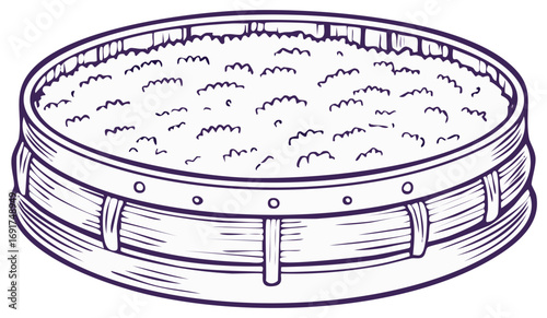Circular wooden tub filled with textured material illustration