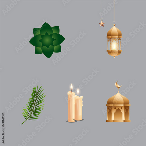 Ramadan Kareem Islamic Decoration Set – Lantern, Mosque, Candle and Ornament Vector