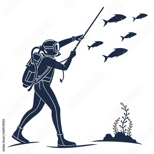 Diver with speargun and fish near underwater plants scuba diving