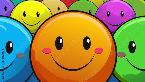 A collection of cartoon smiley faces in various colors crowded together in a cheerful arrangement on transparent background silhouette