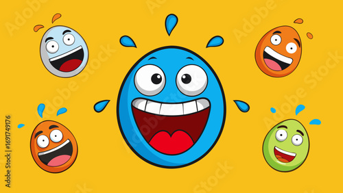 Cartoon image showing a big blue circle surrounded by smaller colorful egg shaped laughing characters on transparent background silhouette