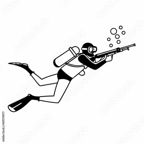 Diver with speargun swimming underwater with bubbles Keywords: diver, spearfishing, underwater, scuba