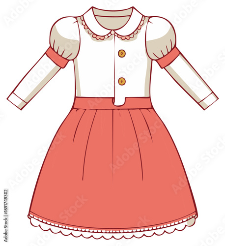 Illustration of a girl's dress with long sleeves, buttons, round collar and a frilled hem, vintage fashion