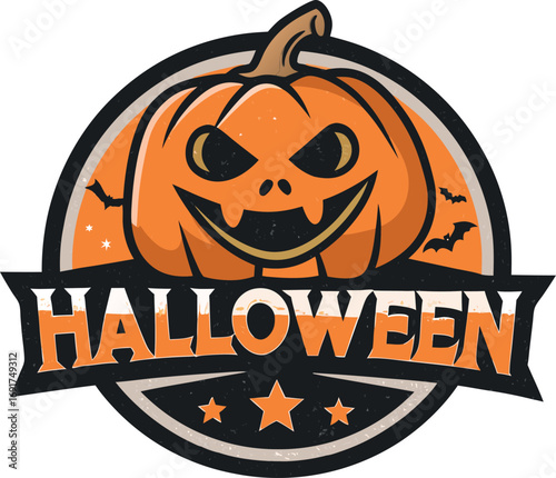 Halloween vector art of, a cartoon halloween logo featuring a grinning pumpkin with glowing eyes, perfect for festive designs and seasonal promotions