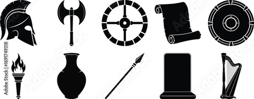 Collection of ancient Greek warrior and mythological artifact icons for gaming and history
