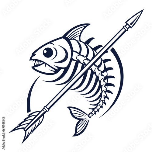 Fish skeleton impaled on a spear with circular element on white background bones harpoon